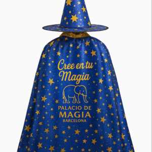 👉 Capa y sombrero de mago azul con estrellas doradas – Palacio de la Magia