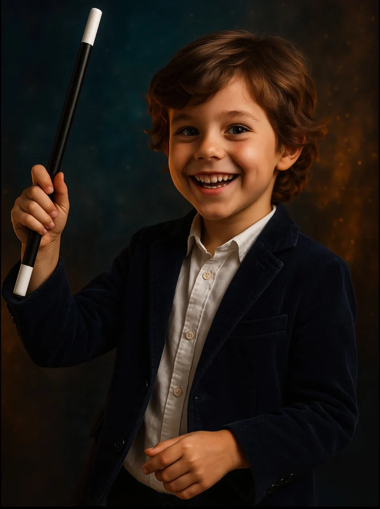 Niño sonriente sosteniendo una varita mágica negra con puntas blancas, aprendiendo un truco de magia infantil del Palacio de la Magia.